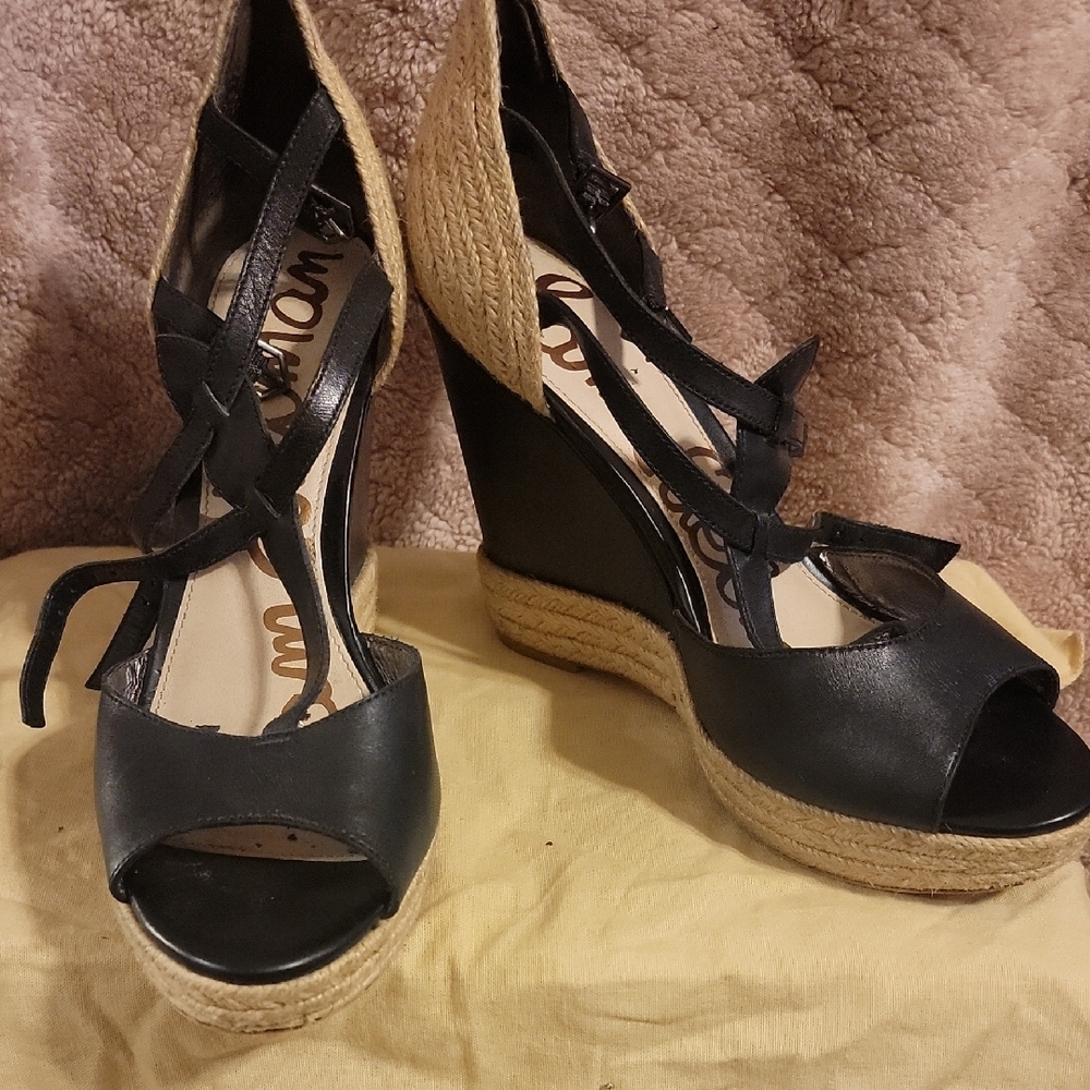 Sam Edelman Black and Tan Wedge Sandals Peep-Toe Lace-Up